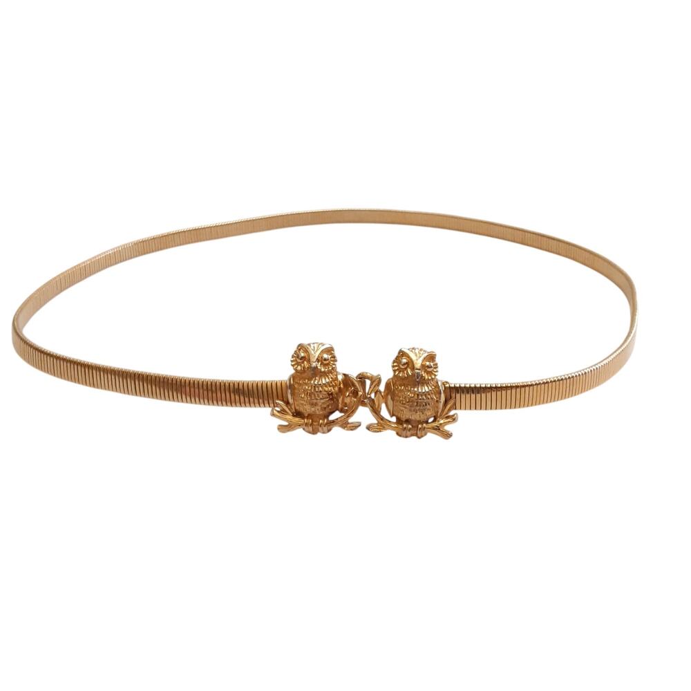 Vintage Mimi Di N Gold Tone Belt Stretch Chain Owl Pair 1975 Skinny Belt 28"-35"